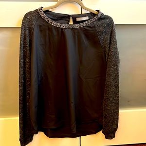 Olivia Moon Black Blouse with Beaded Collar and Knit Sleeves. Size Large